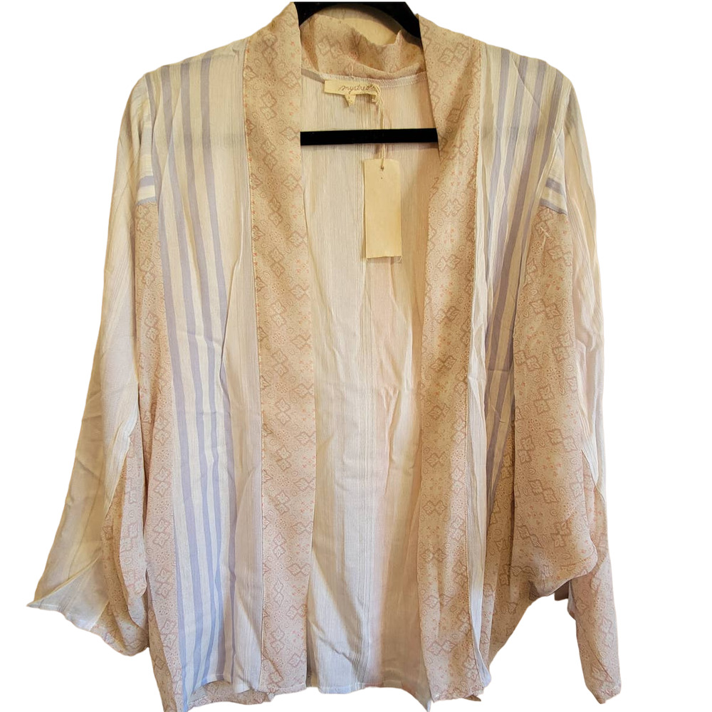 Mystree Womens Kimono Wrap Mixed Material button Front Stripes Plaid